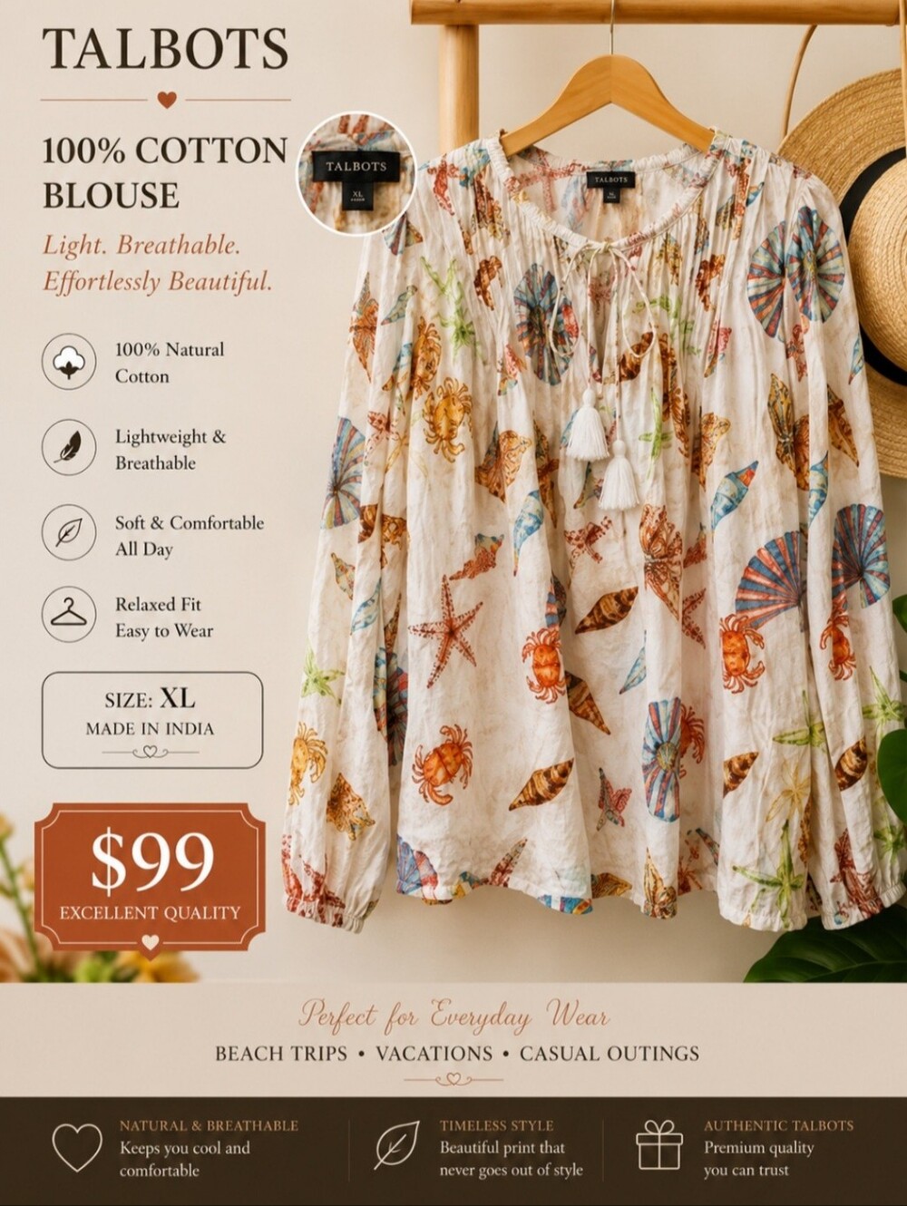 Talbots White Cotton Blouse with Multicolor Seashell Print